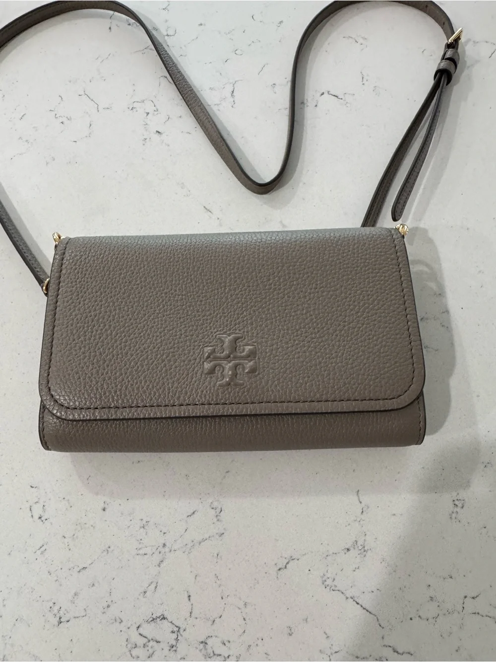 Tory Burch Taupe Pebbled Leather Crossbody Wallet with strap and card holder